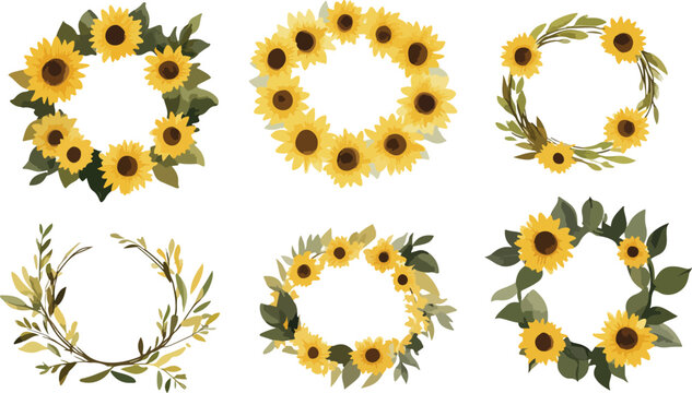 Set of sunflowers and sunflower seeds floral vector border frame, bright yellow summer garden blossoms with sun, nature spring floral decoration circle design illustration