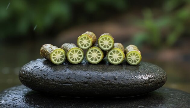 Cross-Sectioned Giloy Vine Pieces on River Stone