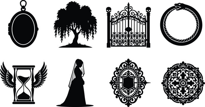 Gothic black silhouette collection featuring vintage locket weeping willow cemetery gate winged hourglass and ouroboros isolated on white
