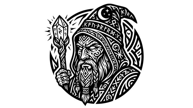 Mystic Wizard Holding Crystal Staff, Nordic Runes, Fantasy Art