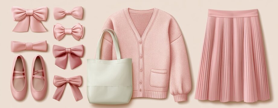 Coquette aesthetic outfit essentials with pink cardigan, pleated skirt, and ballet flats. Feminine balletcore fashion collection flat lay 3D illustration.