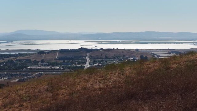 Telephoto Aerial: Golden Hills, Small Town and San Pablo Bay, Napa California