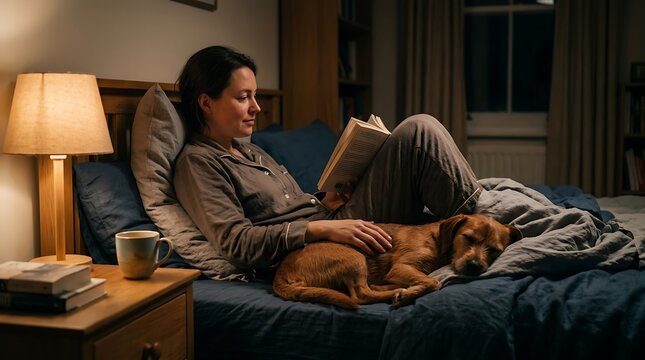 A relaxed young woman in pajamas sits up in bed reading a book at night, smiling while gently petting her small brown dog sleeping beside her under warm light from a cozy bedside lamp.