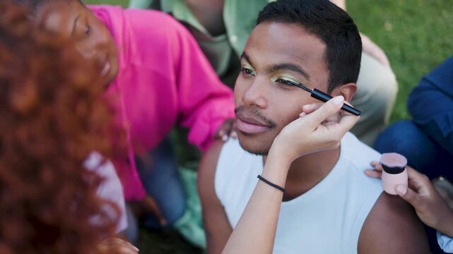 Gay hispanic man doing makeup with friends - Diverse people, Lgbt community and fashion concept