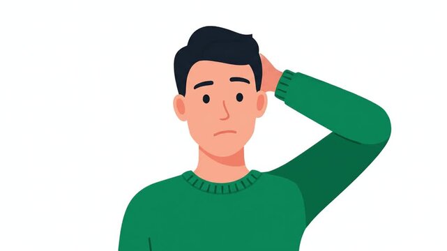 Young man in green sweater holding his head in frustration.