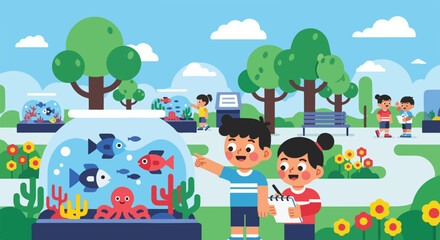 Naklejka premium Children explore an outdoor aquarium park, observing various fish and sea creatures in large bowls while taking notes on a sunny day.