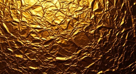 Obraz premium Detailed view of crinkled gold foil with high contrast lighting and deep crevices creating a luxurious metallic texture