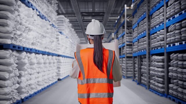 Back of Asian Female Engineer Looking At Blueprint In His Hands While Walking at Warehouse storage with stacked white sacks