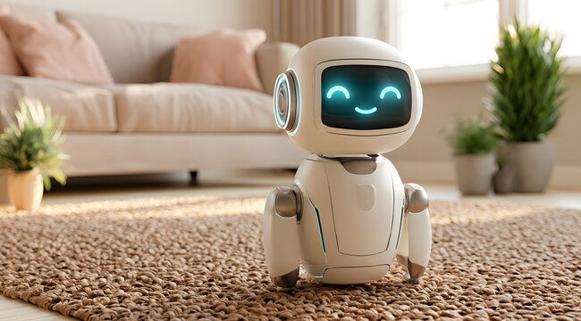Affectionate white domestic helper robot with a luminous cyan smiling digital face standing still on a woven carpet in a cozy sunlit modern living room