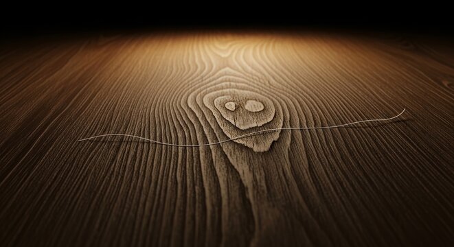 Wide angle macro view of dark hardwood surface with umber coffee hues and a delicate silver thread contrast