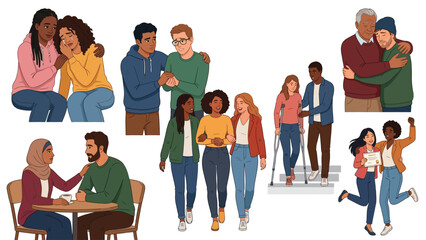 Obraz premium Set of diverse people interacting and supporting each other in various social situations and daily life activities.