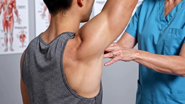 Close-Up Examination Of A Patient's Upper Back And Shoulder Blades During Active Arm Elevation In A Physical Therapy Clinic