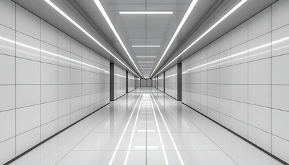 Obraz premium Modern Futuristic Tunnel with Bright LED Lights and Reflective Floor.