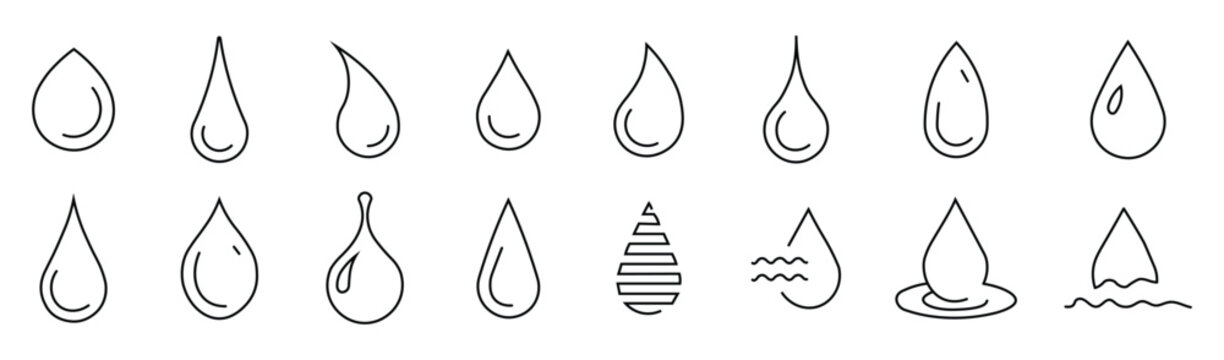 Water drop line icons set. Modern water drop line icon collection featuring raindrops, liquid droplets, water splash, ripple, hydration, rainfall, and abstract water symbols.