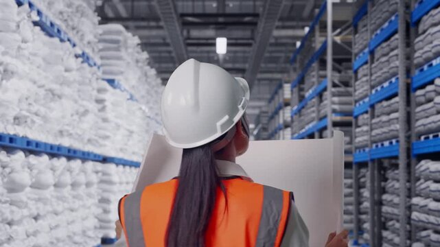 Back of Asian Female Engineer Looking At Blueprint In His Hands While Walking at Warehouse storage with stacked white sacks