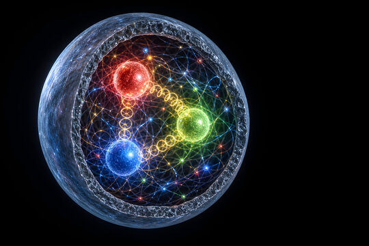Cutaway proton with glowing quarks and gluon field