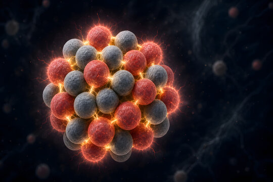 Atomic nucleus with glowing proton neutron bonds
