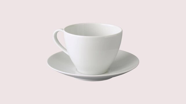 Minimalist white ceramic cup and saucer on plain light background