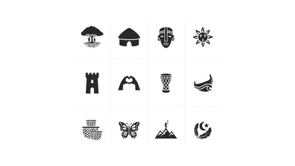 Obraz premium Minimalist black and white vector icons representing nature culture and human connection for branding
