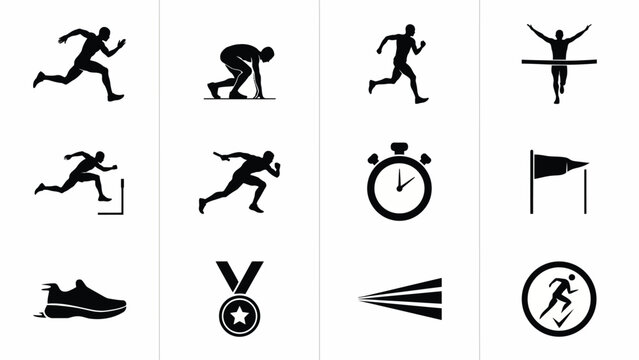Athletes compete in dynamic sports icons set featuring running jumping balance and victory symbols for fitness
