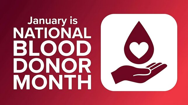 Blood donation awareness poster with heart and hand symbol on red background