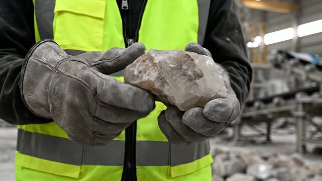 Close-Up Macro Shot of Worker?s Hands in Heavy-Duty Gloves Holding Raw Mineral Rock in Industrial Construction Setting