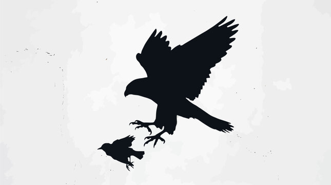 Silhouette illustration of an aggressive falcon bird pouncing down to attack another smaller avian in midair