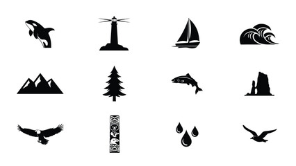 Minimalist black and white iconset showcasing nature wildlife and adventure elements for travel branding © Soma