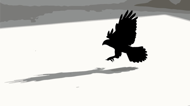 Vector style graphic silhouette illustration of an eagle landing on ground with sharp elongated shadow graphic background