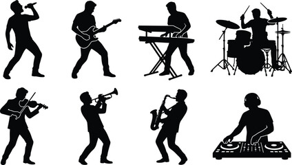 Collection of musician silhouettes featuring singer, guitarist, keyboardist, drummer, violinist, trumpet player, saxophonist, and DJ isolated on white background © It's Bishaaaaaal