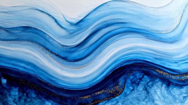 Blue wave abstract art with gold sparkles