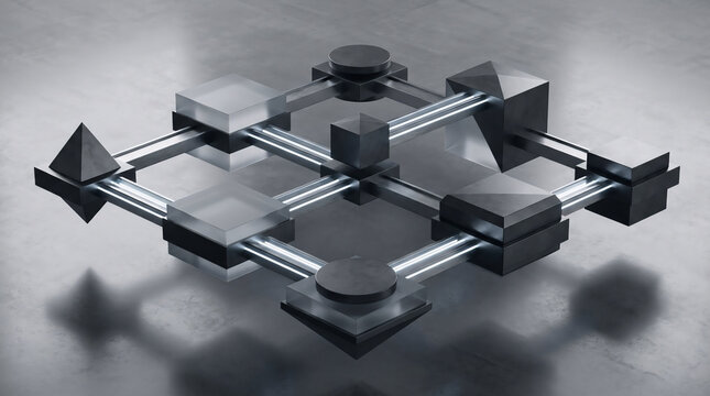 A 3d render of an abstract diagrama de flujo showing connected geometric shapes and nodes representing data architecture on a clean concrete floor background