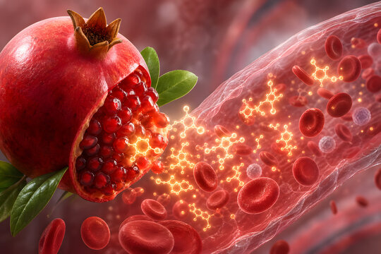 Pomegranate antioxidants flowing into bloodstream scientific illustration