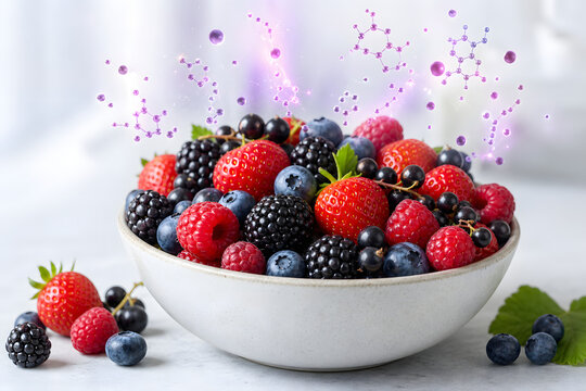 Colorful mixed berries with glowing anthocyanin molecules