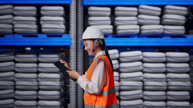 Side View of Asian Female Engineer Taking Note on Tablet While Walking at Warehouse storage with stacked white sacks
