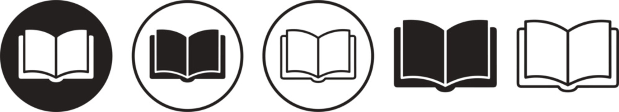 Open Book Vector Icon Set Featuring Outline and Filled Designs with Circular Borders for Website UI UX, Digital Apps, Education, and Reading App Graphics