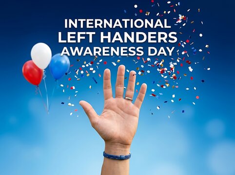 Celebration of international left handers awareness day with confetti and colorful balloons in the sky