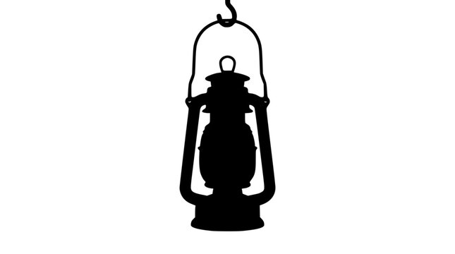 Black silhouette of a vintage oil lantern hanging from a hook