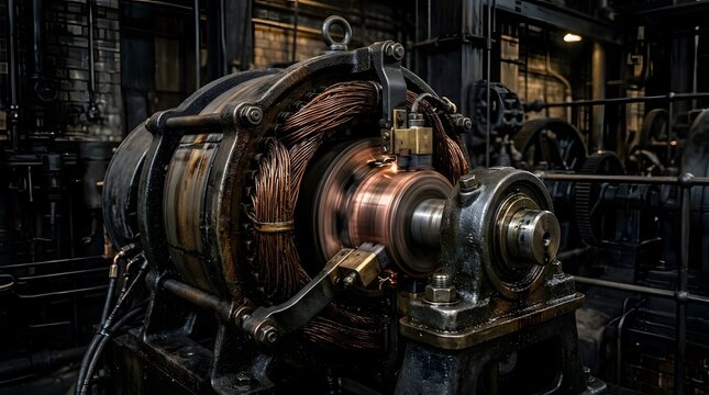 Vintage industrial dynamo with spinning copper coils and sparks