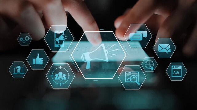 Digital marketing promotion strategy using megaphone, social media marketing, digital ads video content, communication, analytics, and global branding advertisement for business outreach Marrow