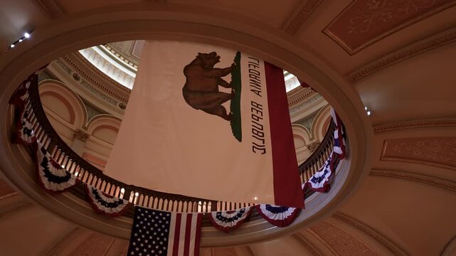Looking up at the dome and flags inside the California State Capitol located in Sacramento, California during a visit.