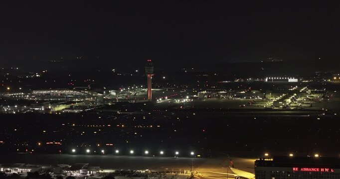 Atlanta Georgia Aerial v953 flyover Hapeville capturing night activities at ATL Hartsfield Jackson International Airport and airplane taxiing on the runway - Shot with Mavic 3 Pro Cine - June 2023