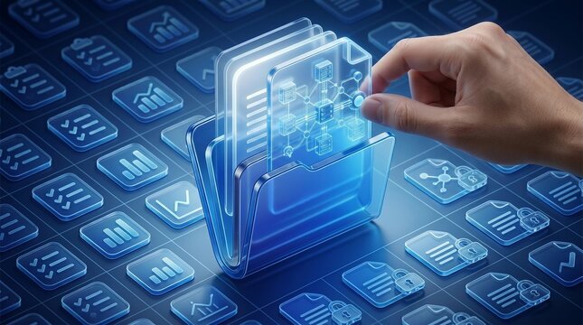 Document Management System DMS in Business. Digital File Archive Storage Technology. Businessman Touching File Icon on Folders