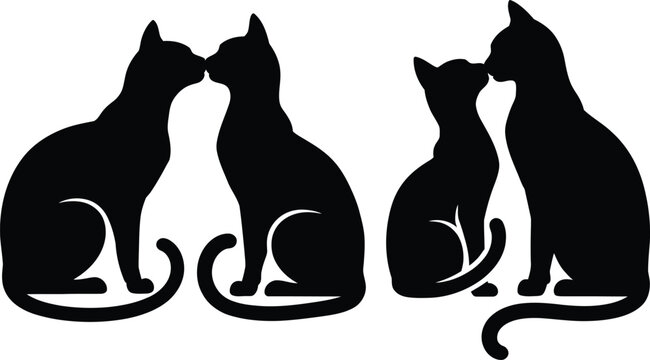 Two pairs of cats nuzzling each other silhouette set with silhouette, minimalist