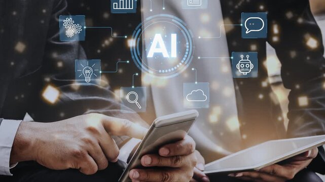 Hands of Business Professionals Holding Smartphone and Tablet with AI Technology Icons and Data Visualization for Digital Innovation and Communication. Entropy.