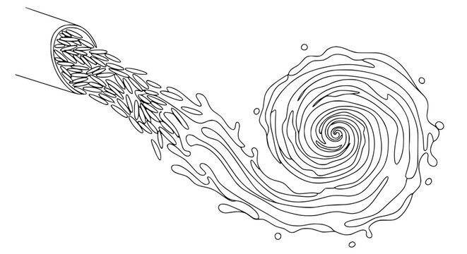 Abstract illustration of water vortex and flowing liquid from pipe, fluid dynamics concept