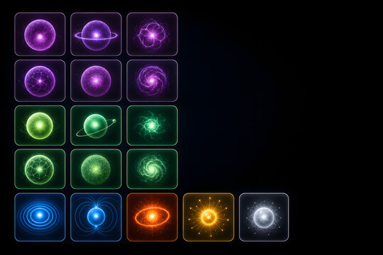 Glowing Standard Model Particle Tiles on Dark Background