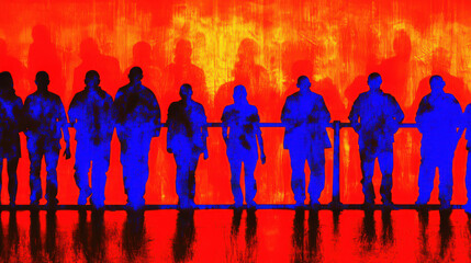 Naklejka premium Silhouettes of people standing in row with blue lighting against vibrant red background creating dramatic and intense atmosphere