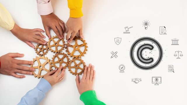 A diverse group of hands collaborates over wooden gears, symbolizing teamwork and creativity. Icons depict innovation and legal concepts, reflecting progress and support. Raster