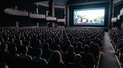 Obraz premium Large audience watching a movie on a big screen in a dark cinema hall